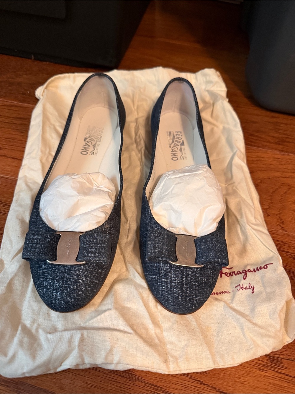Salvatore Ferragamo Vara Denim Ballerina Flats